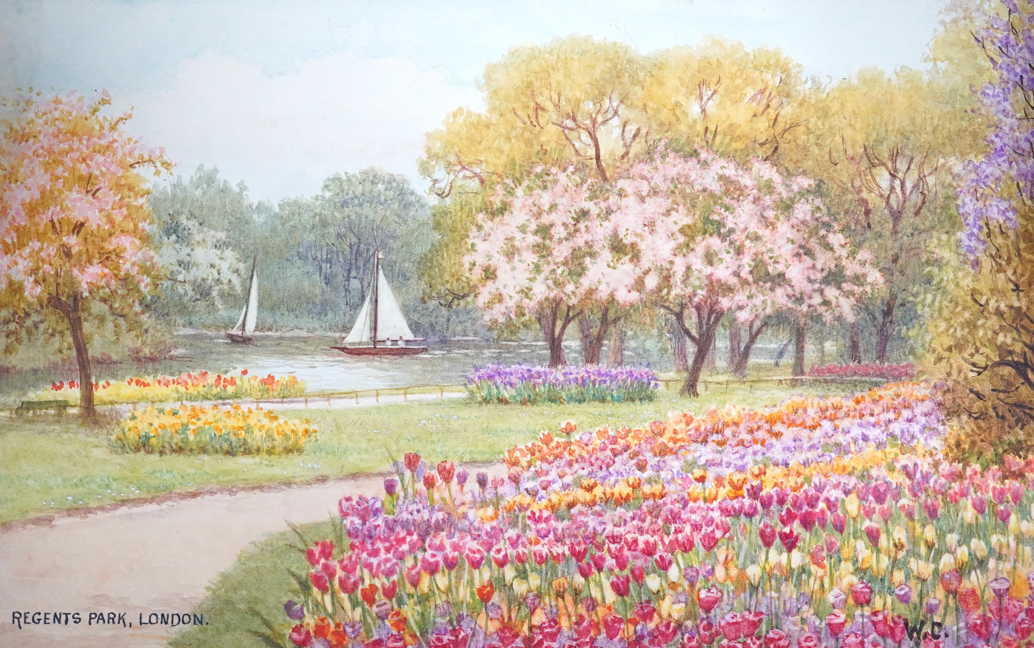 William Affleck, (Aka Carruthers, 1868-1943), four original watercolours for postcards, London Parks and Gardens comprising St James Park, Regents Park, Kew Gardens and Kensington Gardens, each initialled, 30 x 21cm, unf